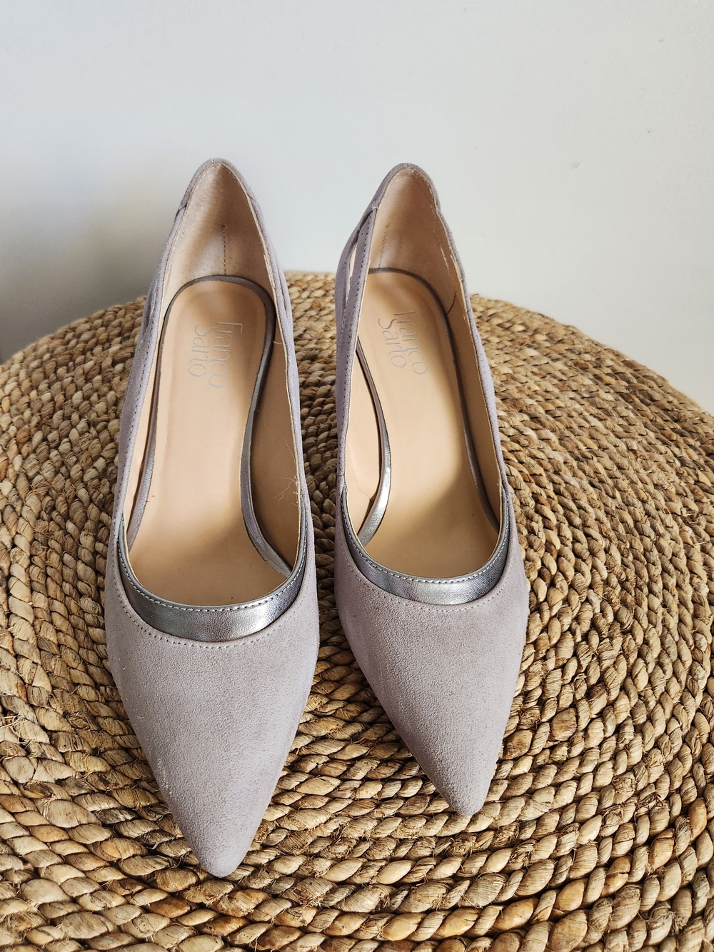 Franco Sarto Taupe Suede Pointed-Toe Pumps with Silver Trim